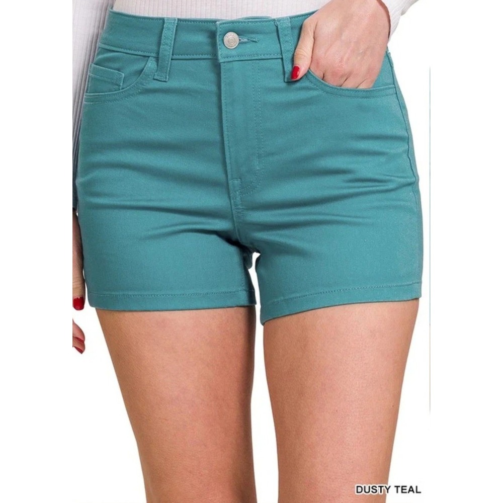 Zenana High Waist Denim Shorts Dusty Teal‎ Five Pocket Stretch 58% Cotton XL